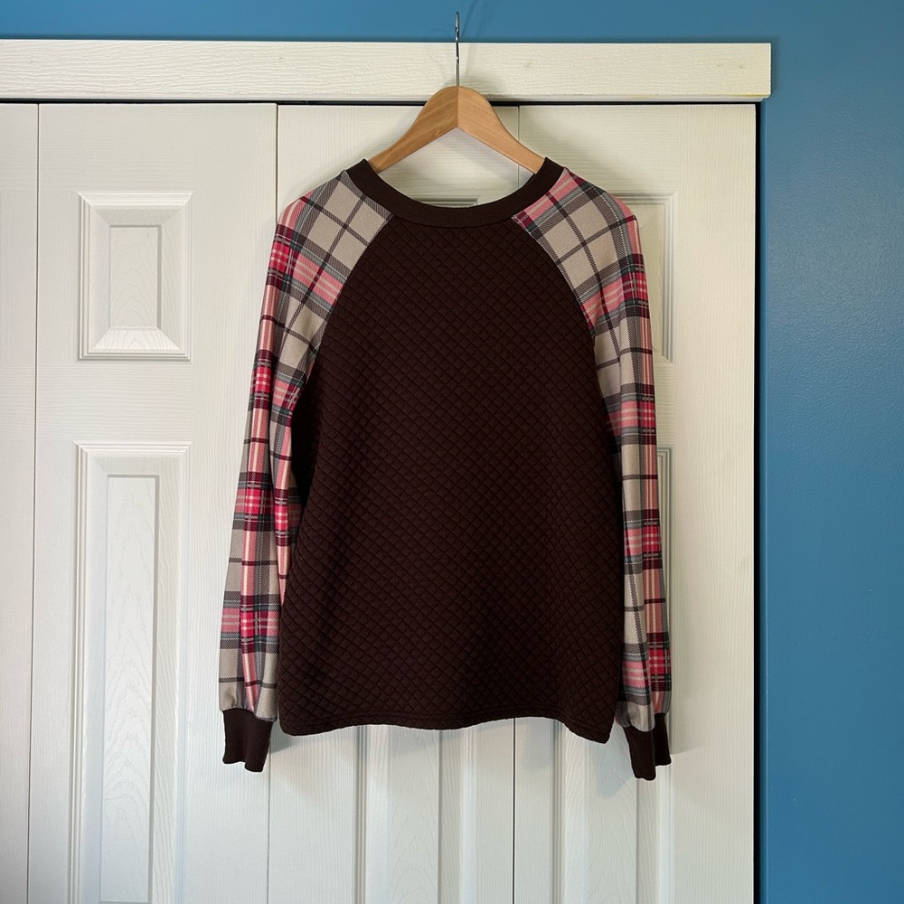 Plaid Sleeve Waffle Sweater - Brown and Red